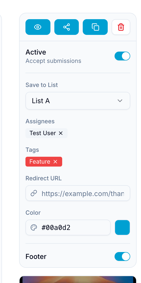 Form settings panel Form editor settings panel with Save to List, Assignees, Tags, Redirect URL, and Color fields