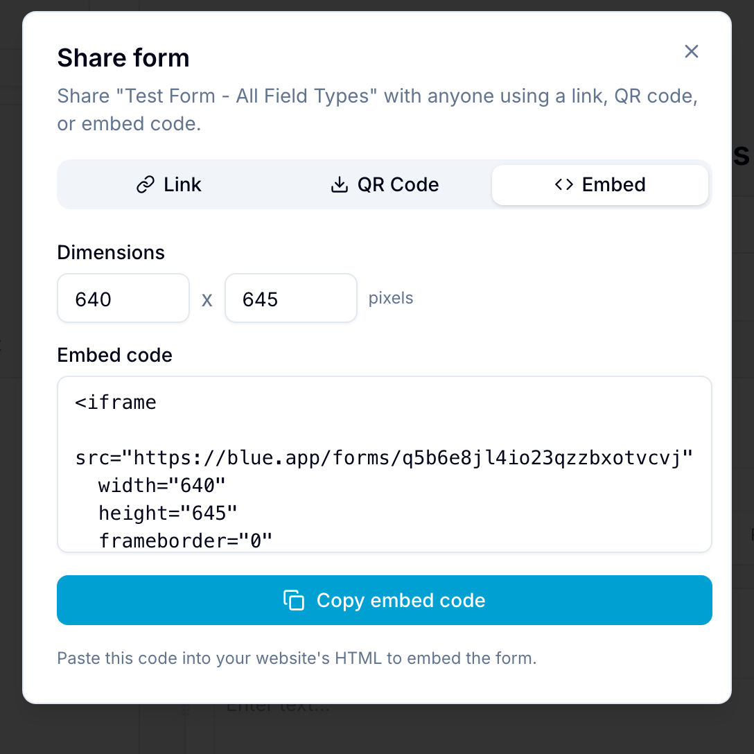 Form share — embed code Share form dialog on the Embed tab, showing configurable dimensions and the iframe embed code
