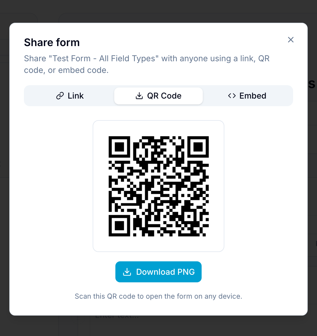 Form share — QR code Share form dialog on the QR Code tab, showing a generated QR code and a Download PNG button