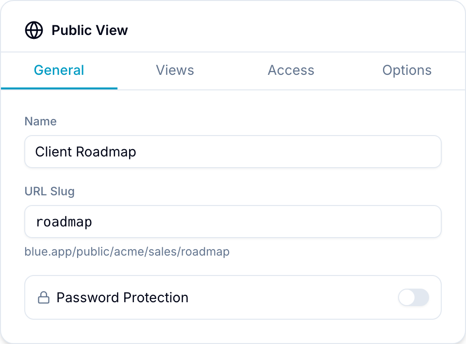 Public View editor Public View editor's General tab with Name, URL Slug, and Password Protection