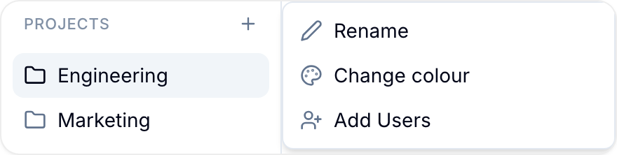 Sidebar folder context menu Sidebar Projects section with a folder's context menu showing Rename, Change colour, and Add Users