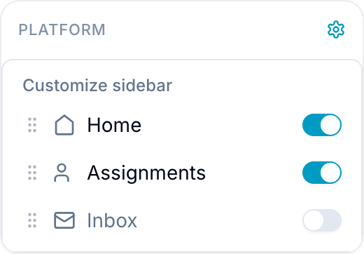 Customize sidebar editor Customize sidebar editor opened from the Platform section header, showing visibility switches and drag handles
